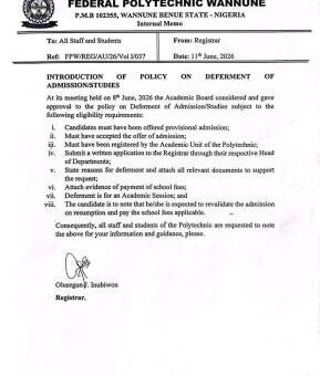Federal Poly Wannue introduces deferment of studies policy