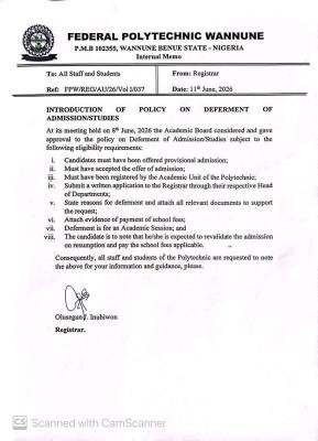 Federal Poly Wannue introduces deferment of studies policy