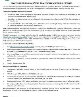FUNAAB Post-UTME 2026: Cut off mark, Eligibility and Registration Procedures