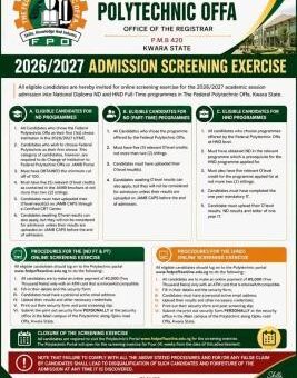 Offa Poly Post-UTME 2026: Cut off mark, Eligibility and Registration Procedures