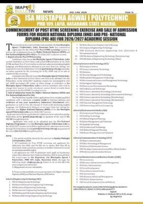 Isa Mustapha Agwai Poly releases Pre-ND,/HND Admission form, 2026/2027