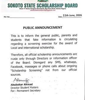 Sokoto State Scholarship Board alerts the public of fake scholarship screening exercise
