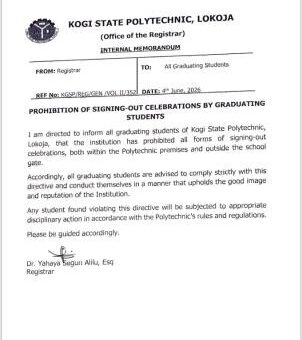 Kogi State Polytechnic bans signing-out celebrations for graduating students