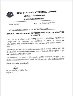 Kogi State Polytechnic bans signing-out celebrations for graduating students
