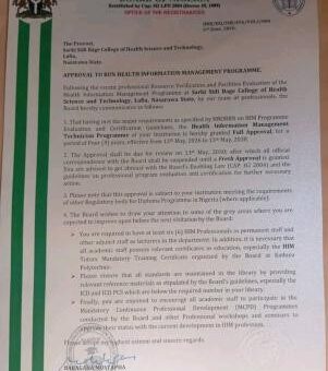 Sarki Sidi Bagel College of Health Sciences & Tech. Lafia gets full accreditation for HIM Technician Programme