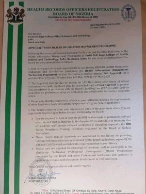 Sarki Sidi Bagel College of Health Sciences & Tech. Lafia gets full accreditation for HIM Technician Programme