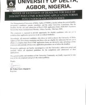 UNIDEL Extends 2026/2027 Post-UTME Screening Application form Deadline