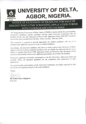 UNIDEL Extends 2026/2027 Post-UTME Screening Application form Deadline