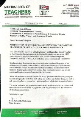 NUT directs Oyo Teachers to embark on indefinite strike