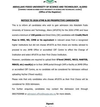 KSUSTA notice to 2026 UTME/DE Prospective Candidates