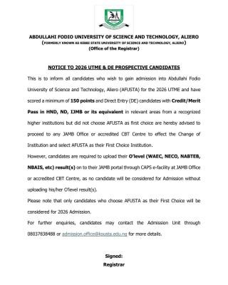 KSUSTA notice to 2026 UTME/DE Prospective Candidates