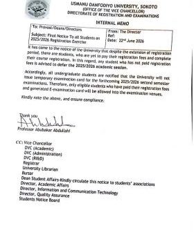 UDUS issues final notice on 2025/2026 registration exercise