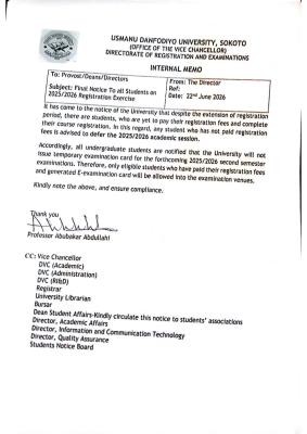 UDUS issues final notice on 2025/2026 registration exercise