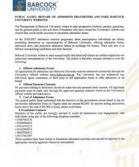 Babcock University warns against Admission Fraudsters