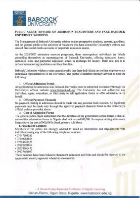 Babcock University warns against Admission Fraudsters