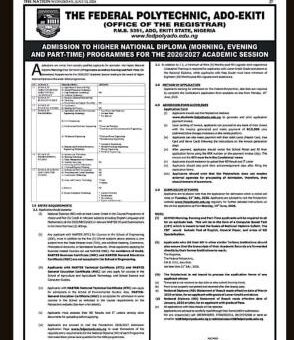 Federal Polytechnic, Ado-Ekiti HND (Full-time/Part-time) Admission form, 2026/2027