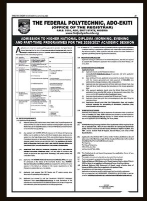 Federal Polytechnic, Ado-Ekiti HND (Full-time/Part-time) Admission form, 2026/2027
