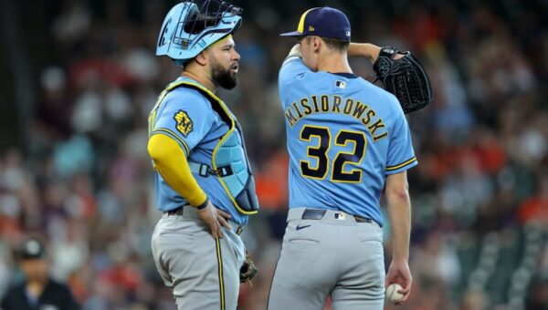 Brewers’ Jacob Misiorowski looked distraught after hitting a Rockies batter in the head with fastball