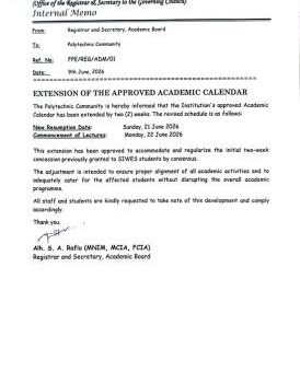 Federal Polytechnic, Ede extends academic calendar by two weeks, sets new date for resumption