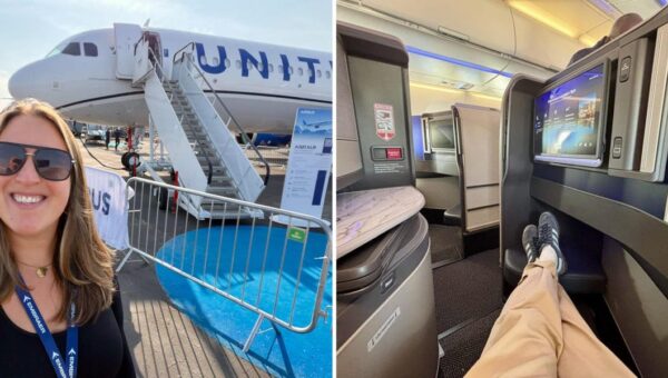 We toured United's fanciest Airbus jet yet, complete with business-class doors and a snack bar. See inside.