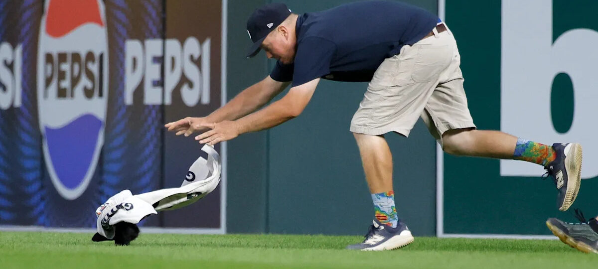 Squirrel runs on field during Tigers vs. Orioles game at Comerica Park
