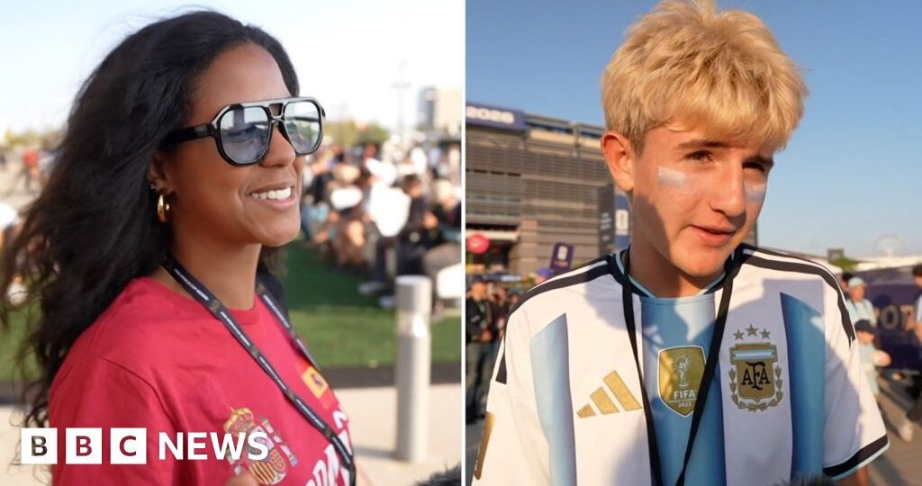 Spanish and Argentinian fans react outside World Cup final