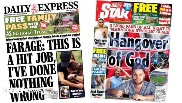 The Papers: ‘Farage: I’ve done nothing wrong’ and ‘hangover of God’