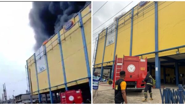 PHOTOS: Fire Guts Part Of Commercial Building In Akowonjo Area Of Lagos