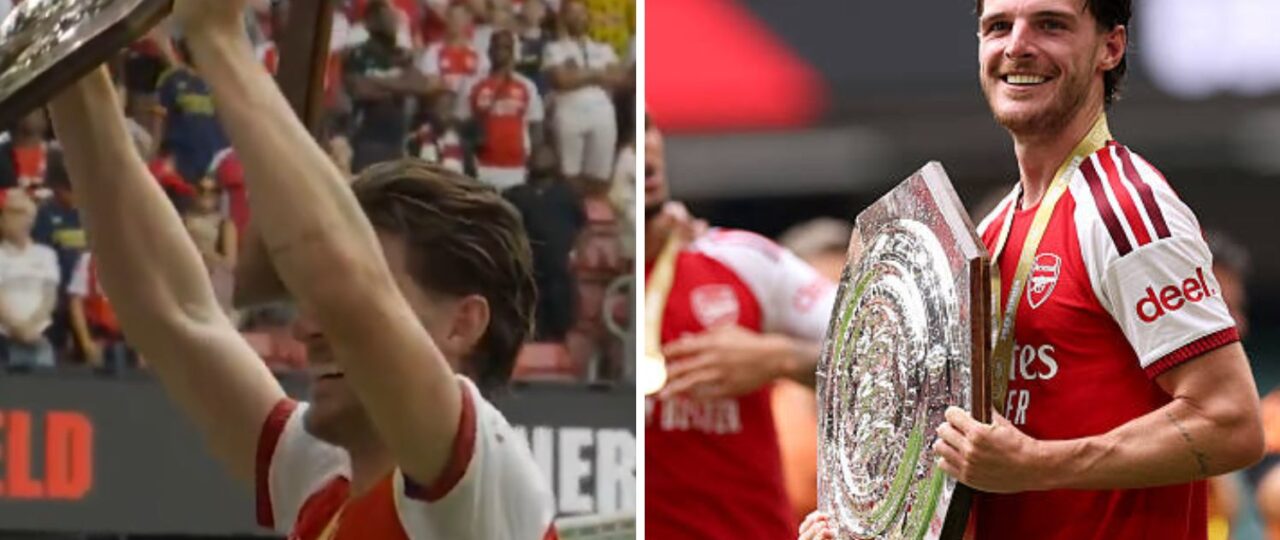 Watch: Declan Rice suffers hilarious Community Shield mishap after Arsenal beat Man City