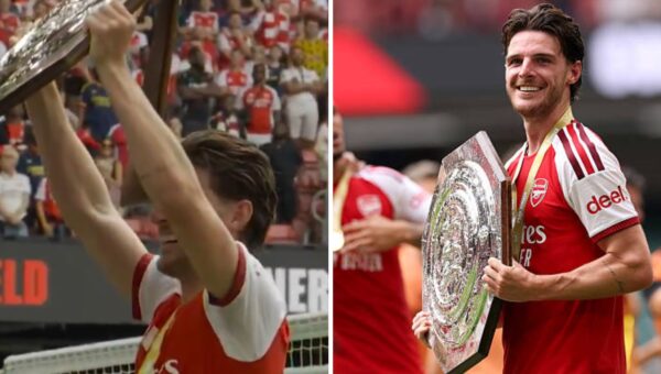 Watch: Declan Rice suffers hilarious Community Shield mishap after Arsenal beat Man City