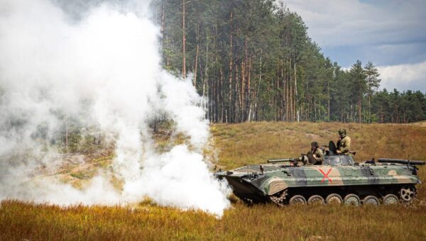 Western forces are role-playing as Russia in training, attacking Ukrainian troops with tanks, ATVs, and motorcycles