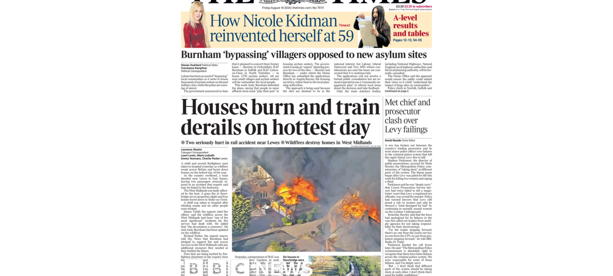 The Papers: 'Houses burn and train derails on hottest day' and 'Britain on fire'