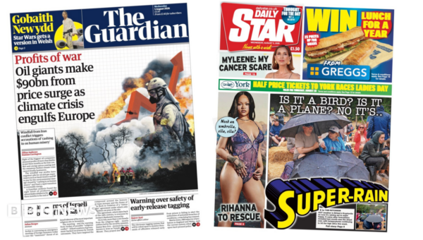 UK papers: 'Profits of war' and 'Super-rain'