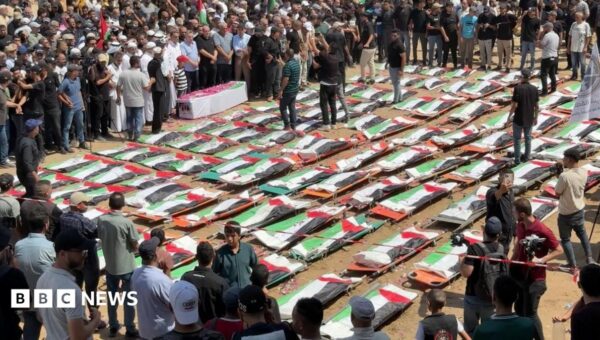 Mass funeral in Gaza for 112 Palestinians killed in 2023 Israeli strike