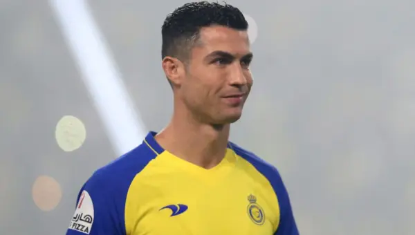 Ronaldo reacts as he scores in his first game of season for Al-Nassr