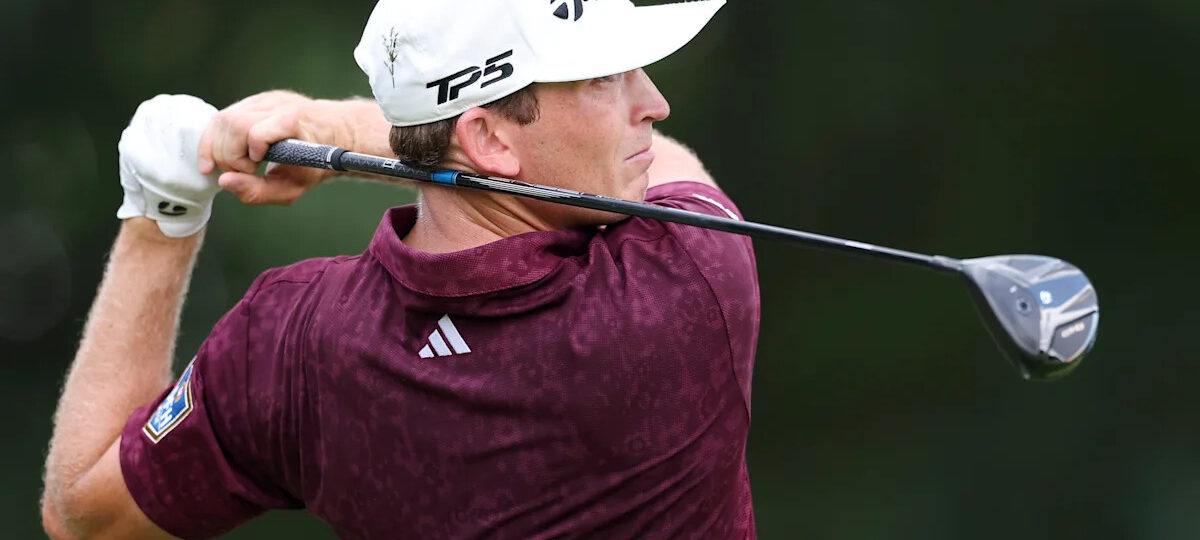 Slice? Jacob Bridgeman hits tee shot into a pizza stand at Tour Championship