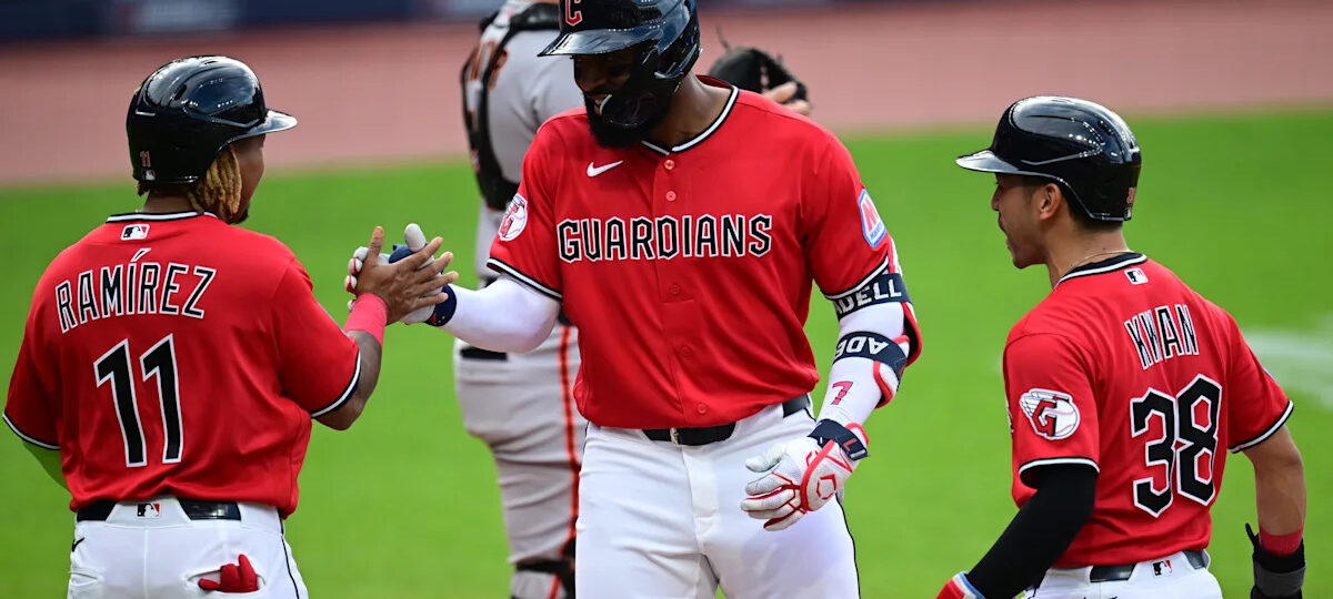 Jo Adell erupts for a career-high 6 RBIs, 455-foot homer as the Guardians crush the Giants 8-1