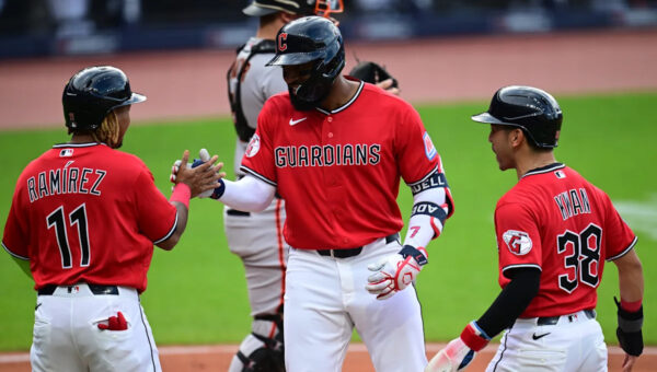 Jo Adell erupts for a career-high 6 RBIs, 455-foot homer as the Guardians crush the Giants 8-1