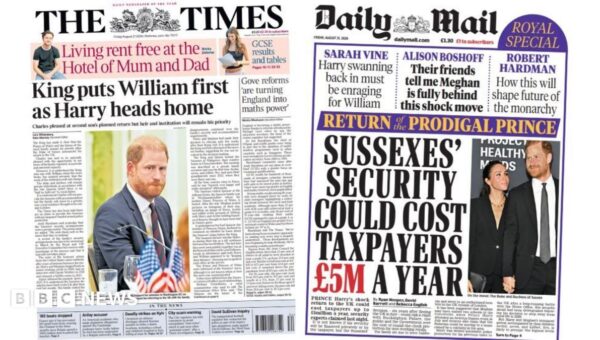 Newspaper review: ‘King puts William first’ and Harry security could cost public ‘£5m a year’