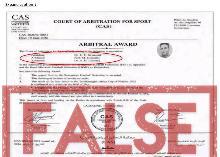 Hoax letter falsely claims Senegal declared AFCON winners by sporting tribunal