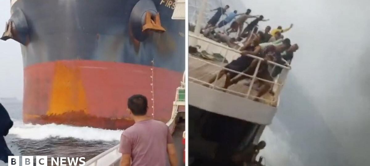 Watch: Dramatic moment a cargo ship crashes into another vessel