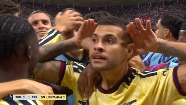 Watch: Bruno Guimaraes scores sensational goal to give Arsenal lead moments after incredible David Raya penalty save