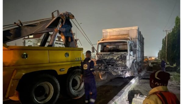 Two injured as two container trucks, three vehicles crash in Lagos