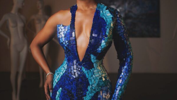Osas Ighodaro Looks Like a Work of Art in This Blue Mosaic Gown by House of Marvee