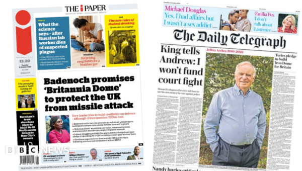 The Papers: Badenoch's 'Britannia Dome' and 'King tells Andrew 'I won't fund court fight''
