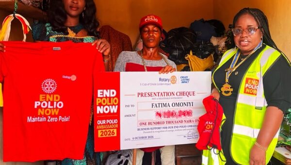 Rotary E-Club of Omole Golden-Impact decorates Fatimah Omoniyi as End Polio Now Ambassador